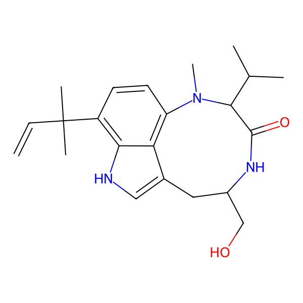 2D Structure of 3H-Pyrrolo[4,3,2-gh]-1,4-benzodiazonin-3-one,9-(1,1-dimethyl-2-propenyl)-1,2,4,5,6,8-hexahydro-5-(hydroxymethyl)-1-methyl-2-(1-methylethyl)-,(2S,5S)-(9ci)