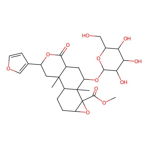 2D Structure of methyl (1S,2S,4S,7R,9S,10S,11S,13R)-4-(furan-3-yl)-2,10-dimethyl-6-oxo-9-[(2R,3R,4S,5S,6R)-3,4,5-trihydroxy-6-(hydroxymethyl)oxan-2-yl]oxy-5,12-dioxatetracyclo[8.5.0.02,7.011,13]pentadecane-11-carboxylate