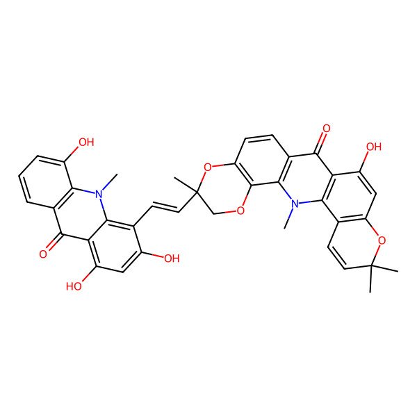 2D Structure of (7R)-15-hydroxy-2,7,19,19-tetramethyl-7-[(Z)-2-(1,3,5-trihydroxy-10-methyl-9-oxoacridin-4-yl)ethenyl]-5,8,18-trioxa-2-azapentacyclo[12.8.0.03,12.04,9.017,22]docosa-1(14),3(12),4(9),10,15,17(22),20-heptaen-13-one