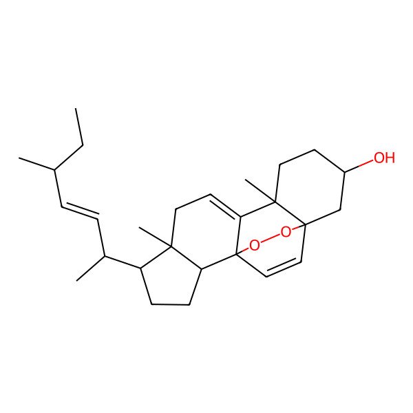 2D Structure of (2R,5R,6R,10R,13S,15S)-6,10-dimethyl-5-[(E,2S,5R)-5-methylhept-3-en-2-yl]-16,17-dioxapentacyclo[13.2.2.01,9.02,6.010,15]nonadeca-8,18-dien-13-ol
