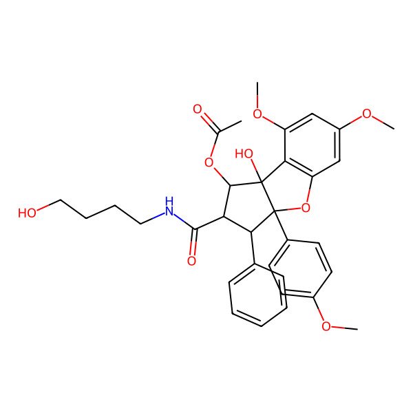 2D Structure of [8b-hydroxy-2-(4-hydroxybutylcarbamoyl)-6,8-dimethoxy-3a-(4-methoxyphenyl)-3-phenyl-2,3-dihydro-1H-cyclopenta[b][1]benzofuran-1-yl] acetate