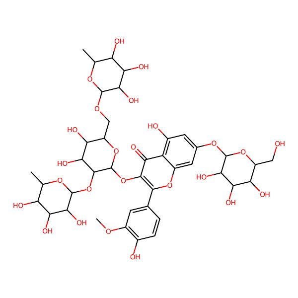 2D Structure of 3-[4,5-Dihydroxy-3-(3,4,5-trihydroxy-6-methyloxan-2-yl)oxy-6-[(3,4,5-trihydroxy-6-methyloxan-2-yl)oxymethyl]oxan-2-yl]oxy-5-hydroxy-2-(4-hydroxy-3-methoxyphenyl)-7-[3,4,5-trihydroxy-6-(hydroxymethyl)oxan-2-yl]oxychromen-4-one