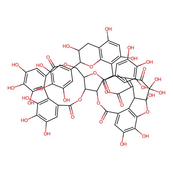 2D Structure of [(10R,11S)-3,4,5,17,18,19-hexahydroxy-8,14-dioxo-10-[(4S,5S,14R,15R,19R)-3,3,4,8,9-pentahydroxy-2,12,17-trioxo-19-[(2R,3S)-3,5,7-trihydroxy-2-(3,4,5-trihydroxyphenyl)-3,4-dihydro-2H-chromen-8-yl]-13,16,20-trioxapentacyclo[13.3.1.14,7.05,18.06,11]icosa-1(18),6,8,10-tetraen-14-yl]-9,13-dioxatricyclo[13.4.0.02,7]nonadeca-1(19),2,4,6,15,17-hexaen-11-yl] 3,4,5-trihydroxybenzoate