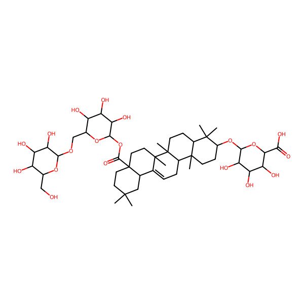 2D Structure of (2S,3S,4S,5R,6R)-6-[[(3S,4aR,6aR,6bS,8aS,12aS,14aR,14bR)-4,4,6a,6b,11,11,14b-heptamethyl-8a-[(2S,3R,4S,5S,6R)-3,4,5-trihydroxy-6-[[(2R,3R,4S,5S,6R)-3,4,5-trihydroxy-6-(hydroxymethyl)oxan-2-yl]oxymethyl]oxan-2-yl]oxycarbonyl-1,2,3,4a,5,6,7,8,9,10,12,12a,14,14a-tetradecahydropicen-3-yl]oxy]-3,4,5-trihydroxyoxane-2-carboxylic acid