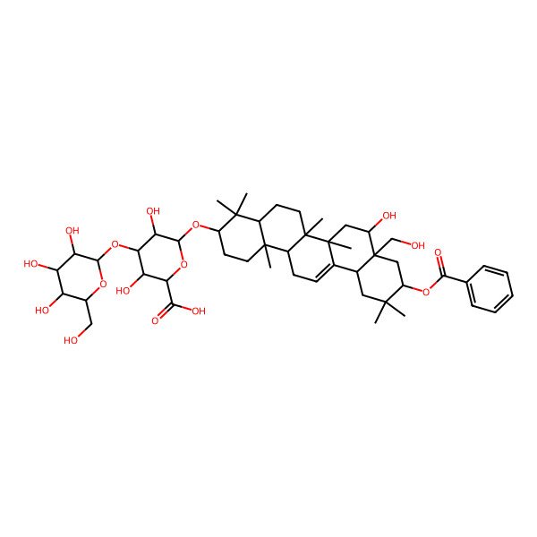 2D Structure of (2S,3S,4S,5R,6R)-6-[[(3S,4aR,6aR,6bS,8S,8aS,10S,12aS,14aR,14bR)-10-benzoyloxy-8-hydroxy-8a-(hydroxymethyl)-4,4,6a,6b,11,11,14b-heptamethyl-1,2,3,4a,5,6,7,8,9,10,12,12a,14,14a-tetradecahydropicen-3-yl]oxy]-3,5-dihydroxy-4-[(2S,3R,4S,5S,6R)-3,4,5-trihydroxy-6-(hydroxymethyl)oxan-2-yl]oxyoxane-2-carboxylic acid