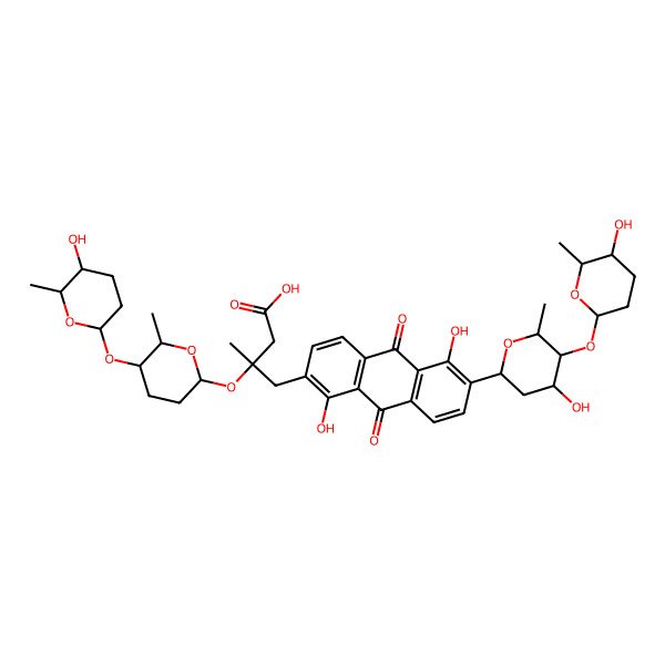 2D Structure of (3R)-4-[1,5-dihydroxy-6-[(2R,4R,5R,6R)-4-hydroxy-5-[(2S,5R,6S)-5-hydroxy-6-methyloxan-2-yl]oxy-6-methyloxan-2-yl]-9,10-dioxoanthracen-2-yl]-3-[(2S,5S,6S)-5-[(2S,5R,6S)-5-hydroxy-6-methyloxan-2-yl]oxy-6-methyloxan-2-yl]oxy-3-methylbutanoic acid