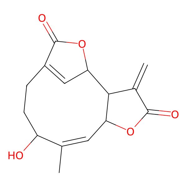 2D Structure of (1R,2R,6S,7Z,9S)-9-hydroxy-8-methyl-3-methylidene-5,14-dioxatricyclo[10.2.1.02,6]pentadeca-7,12(15)-diene-4,13-dione