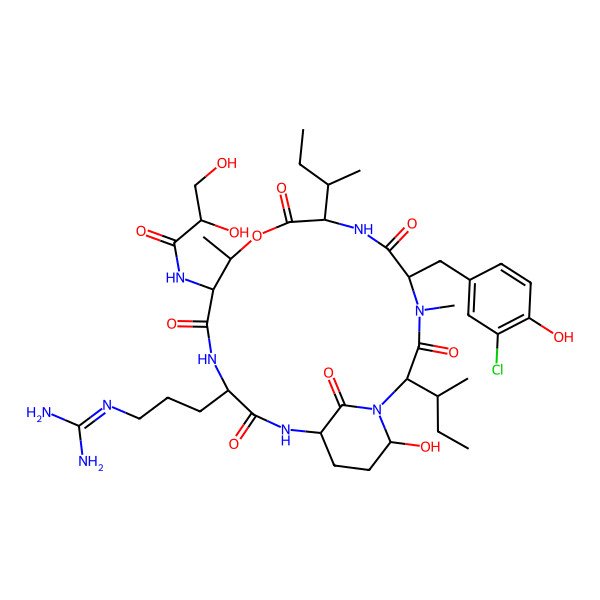2D Structure of N-[2,8-di(butan-2-yl)-5-[(3-chloro-4-hydroxyphenyl)methyl]-15-[3-(diaminomethylideneamino)propyl]-21-hydroxy-4,11-dimethyl-3,6,9,13,16,22-hexaoxo-10-oxa-1,4,7,14,17-pentazabicyclo[16.3.1]docosan-12-yl]-2,3-dihydroxypropanamide