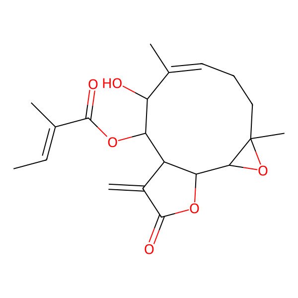 2D Structure of (9-Hydroxy-4,8-dimethyl-12-methylidene-13-oxo-3,14-dioxatricyclo[9.3.0.02,4]tetradec-7-en-10-yl) 2-methylbut-2-enoate