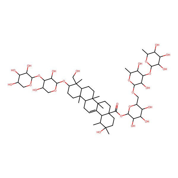 2D Structure of [(2S,3R,4S,5S,6R)-6-[[(2R,3R,4R,5S,6S)-3,5-dihydroxy-6-methyl-4-[(2S,3R,4R,5R,6S)-3,4,5-trihydroxy-6-methyloxan-2-yl]oxyoxan-2-yl]oxymethyl]-3,4,5-trihydroxyoxan-2-yl] (1R,2S,4aR,6aR,6aS,6bR,8aR,9R,10S,12aR,14bS)-10-[(2S,3R,4S,5S)-3,5-dihydroxy-4-[(2S,3R,4S,5R)-3,4,5-trihydroxyoxan-2-yl]oxyoxan-2-yl]oxy-2-hydroxy-9-(hydroxymethyl)-1,2,6a,6b,9,12a-hexamethyl-1,3,4,5,6,6a,7,8,8a,10,11,12,13,14b-tetradecahydropicene-4a-carboxylate