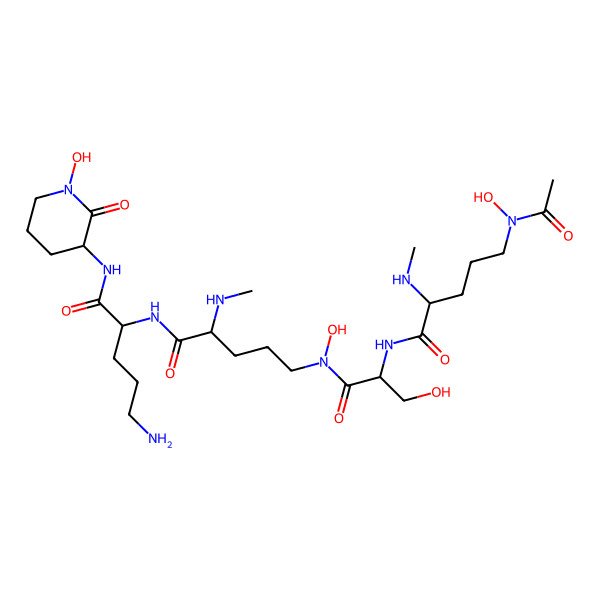2D Structure of (2S)-2-[[(2S)-5-[[(2S)-2-[[(2S)-5-[acetyl(hydroxy)amino]-2-(methylamino)pentanoyl]amino]-3-hydroxypropanoyl]-hydroxyamino]-2-(methylamino)pentanoyl]amino]-5-amino-N-[(3R)-1-hydroxy-2-oxopiperidin-3-yl]pentanamide