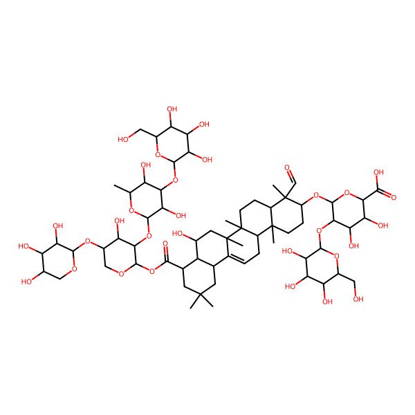 2D Structure of 6-[[9-[3-[3,5-dihydroxy-6-methyl-4-[3,4,5-trihydroxy-6-(hydroxymethyl)oxan-2-yl]oxyoxan-2-yl]oxy-4-hydroxy-5-(3,4,5-trihydroxyoxan-2-yl)oxyoxan-2-yl]oxycarbonyl-4-formyl-8-hydroxy-4,6a,6b,11,11,14b-hexamethyl-2,3,4a,5,6,7,8,8a,9,10,12,12a,14,14a-tetradecahydro-1H-picen-3-yl]oxy]-3,4-dihydroxy-5-[3,4,5-trihydroxy-6-(hydroxymethyl)oxan-2-yl]oxyoxane-2-carboxylic acid