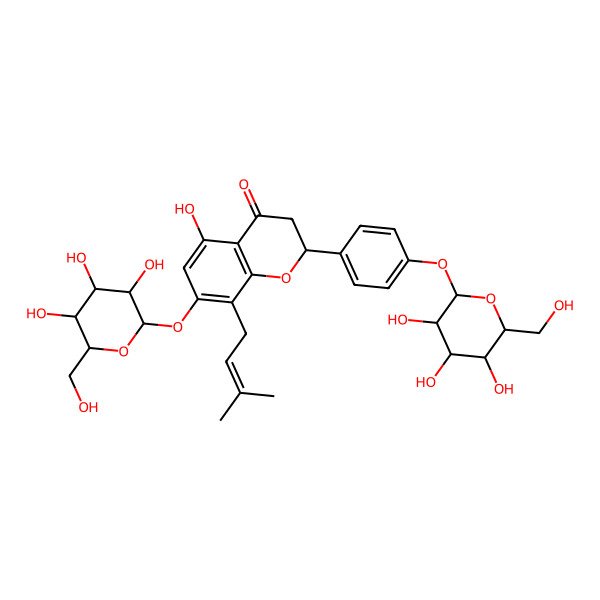 2D Structure of (2S)-5-hydroxy-8-(3-methylbut-2-enyl)-7-[(2S,3R,4S,5S,6R)-3,4,5-trihydroxy-6-(hydroxymethyl)oxan-2-yl]oxy-2-[4-[(2S,3R,4S,5S,6R)-3,4,5-trihydroxy-6-(hydroxymethyl)oxan-2-yl]oxyphenyl]-2,3-dihydrochromen-4-one