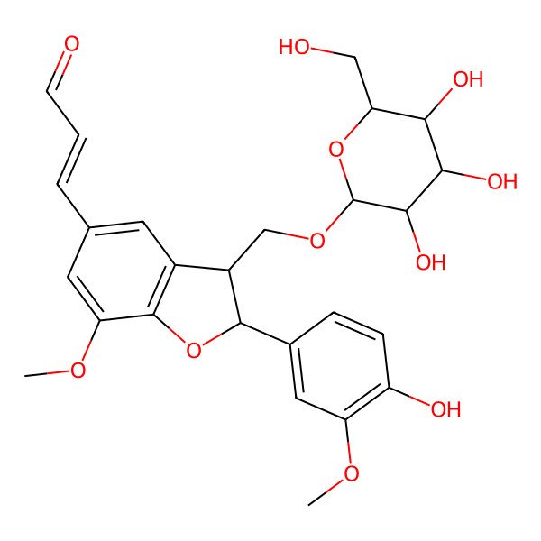 2D Structure of (E)-3-[(2R,3S)-2-(4-hydroxy-3-methoxyphenyl)-7-methoxy-3-[[(2R,3R,4S,5S,6R)-3,4,5-trihydroxy-6-(hydroxymethyl)oxan-2-yl]oxymethyl]-2,3-dihydro-1-benzofuran-5-yl]prop-2-enal