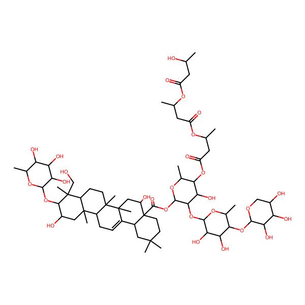 2D Structure of [3-[3,4-Dihydroxy-6-methyl-5-(3,4,5-trihydroxyoxan-2-yl)oxyoxan-2-yl]oxy-4-hydroxy-5-[3-[3-(3-hydroxybutanoyloxy)butanoyloxy]butanoyloxy]-6-methyloxan-2-yl] 5,11-dihydroxy-9-(hydroxymethyl)-2,2,6a,6b,9,12a-hexamethyl-10-(3,4,5-trihydroxy-6-methyloxan-2-yl)oxy-1,3,4,5,6,6a,7,8,8a,10,11,12,13,14b-tetradecahydropicene-4a-carboxylate