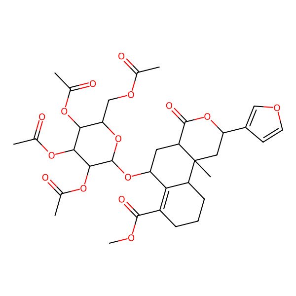 2D Structure of methyl 2-(furan-3-yl)-10b-methyl-4-oxo-6-[3,4,5-triacetyloxy-6-(acetyloxymethyl)oxan-2-yl]oxy-2,4a,5,6,8,9,10,10a-octahydro-1H-benzo[f]isochromene-7-carboxylate