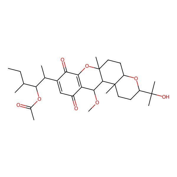 2D Structure of [2-[3-(2-Hydroxypropan-2-yl)-12-methoxy-6a,12b-dimethyl-8,11-dioxo-1,2,3,4a,5,6,12,12a-octahydropyrano[3,2-a]xanthen-9-yl]-4-methylhexan-3-yl] acetate