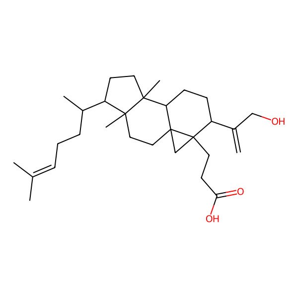 2D Structure of 3-[(1S,4R,5R,8S,9R,12R,13R)-12-(3-hydroxyprop-1-en-2-yl)-4,8-dimethyl-5-[(2R)-6-methylhept-5-en-2-yl]-13-tetracyclo[7.5.0.01,13.04,8]tetradecanyl]propanoic acid