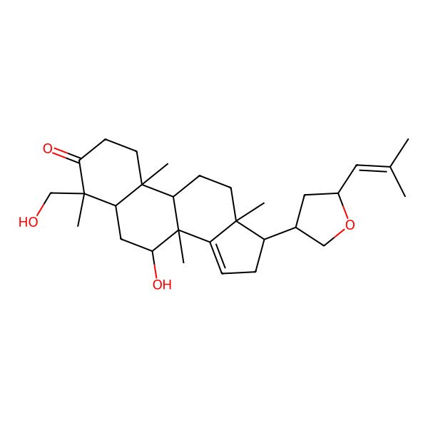 2D Structure of 7-Hydroxy-4-(hydroxymethyl)-4,8,10,13-tetramethyl-17-[5-(2-methylprop-1-enyl)oxolan-3-yl]-1,2,5,6,7,9,11,12,16,17-decahydrocyclopenta[a]phenanthren-3-one