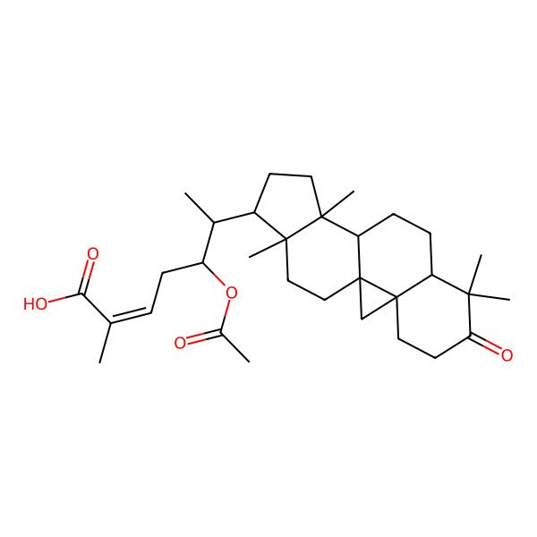 2D Structure of (Z,5R,6S)-5-acetyloxy-2-methyl-6-[(1S,3R,8S,11S,12S,15R,16R)-7,7,12,16-tetramethyl-6-oxo-15-pentacyclo[9.7.0.01,3.03,8.012,16]octadecanyl]hept-2-enoic acid
