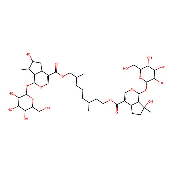 2D Structure of [8-[(1S,4aS,6S,7S,7aS)-6-hydroxy-7-methyl-1-[(2S,3R,4S,5S,6R)-3,4,5-trihydroxy-6-(hydroxymethyl)oxan-2-yl]oxy-1,4a,5,6,7,7a-hexahydrocyclopenta[c]pyran-4-carbonyl]oxy-3,7-dimethyloctyl] (1S,4aS,7S,7aS)-7-hydroxy-7-methyl-1-[(2S,3R,4S,5S,6R)-3,4,5-trihydroxy-6-(hydroxymethyl)oxan-2-yl]oxy-4a,5,6,7a-tetrahydro-1H-cyclopenta[c]pyran-4-carboxylate
