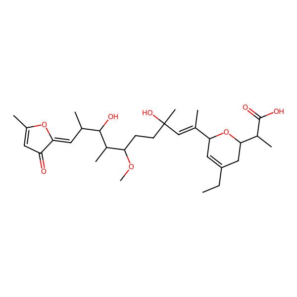 2D Structure of 2-[6-[4,9-dihydroxy-7-methoxy-4,8,10-trimethyl-11-(5-methyl-3-oxofuran-2-ylidene)undec-2-en-2-yl]-4-ethyl-3,6-dihydro-2H-pyran-2-yl]propanoic acid
