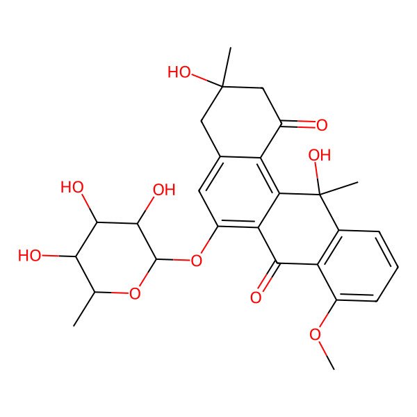2D Structure of (3R)-3,12-dihydroxy-8-methoxy-3,12-dimethyl-6-[(3S,4S,5S,6R)-3,4,5-trihydroxy-6-methyloxan-2-yl]oxy-2,4-dihydrobenzo[a]anthracene-1,7-dione