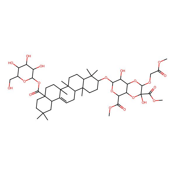 2D Structure of dimethyl (2S,3R,4aS,5S,7R,8R,8aR)-7-[[(3S,4aR,6aR,6bS,8aS,12aS,14aR,14bR)-4,4,6a,6b,11,11,14b-heptamethyl-8a-[(2S,3R,4S,5S,6R)-3,4,5-trihydroxy-6-(hydroxymethyl)oxan-2-yl]oxycarbonyl-1,2,3,4a,5,6,7,8,9,10,12,12a,14,14a-tetradecahydropicen-3-yl]oxy]-3,8-dihydroxy-2-(2-methoxy-2-oxoethoxy)-2,4a,5,7,8,8a-hexahydropyrano[3,4-b][1,4]dioxine-3,5-dicarboxylate