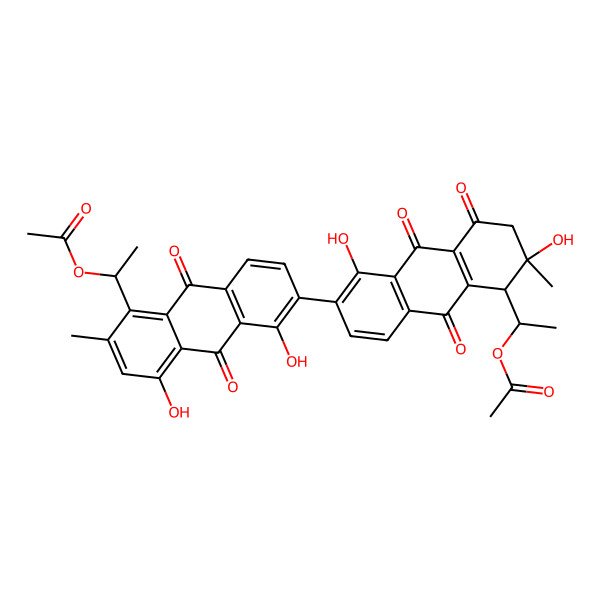 2D Structure of [(1R)-1-[(1R,2R)-6-[5-[(1R)-1-acetyloxyethyl]-1,8-dihydroxy-6-methyl-9,10-dioxoanthracen-2-yl]-2,5-dihydroxy-2-methyl-4,9,10-trioxo-1,3-dihydroanthracen-1-yl]ethyl] acetate