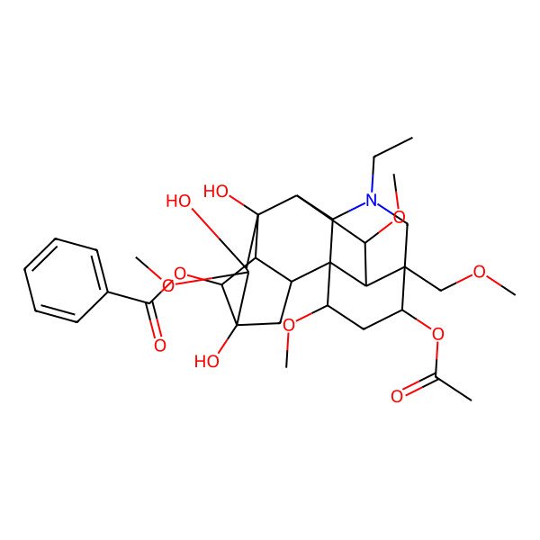2D Structure of [(1S,2R,3R,4R,5R,6S,7S,8R,9R,10R,13R,14R,16S,17S,18R)-14-acetyloxy-11-ethyl-5,7,8-trihydroxy-6,16,18-trimethoxy-13-(methoxymethyl)-11-azahexacyclo[7.7.2.12,5.01,10.03,8.013,17]nonadecan-4-yl] benzoate