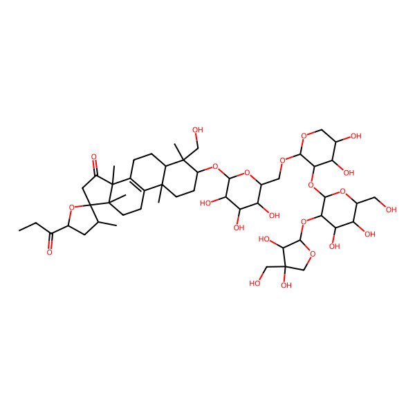 2D Structure of 3-[6-[[3-[3-[3,4-dihydroxy-4-(hydroxymethyl)oxolan-2-yl]oxy-4,5-dihydroxy-6-(hydroxymethyl)oxan-2-yl]oxy-4,5-dihydroxyoxan-2-yl]oxymethyl]-3,4,5-trihydroxyoxan-2-yl]oxy-4-(hydroxymethyl)-3',4,10,13,14-pentamethyl-5'-propanoylspiro[2,3,5,6,7,11,12,16-octahydro-1H-cyclopenta[a]phenanthrene-17,2'-oxolane]-15-one
