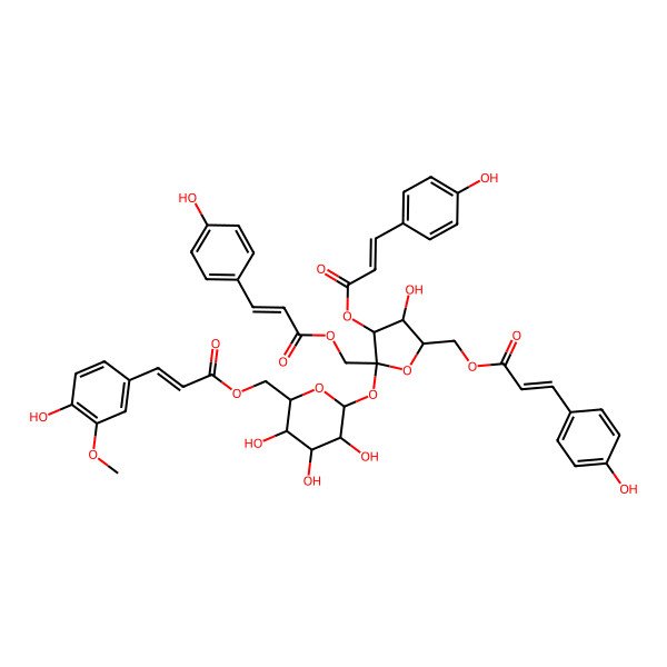 2D Structure of [(2R,3R,4S,5R)-3-hydroxy-4-[(E)-3-(4-hydroxyphenyl)prop-2-enoyl]oxy-5-[[(E)-3-(4-hydroxyphenyl)prop-2-enoyl]oxymethyl]-5-[(2R,3R,4S,5S,6R)-3,4,5-trihydroxy-6-[[(E)-3-(4-hydroxy-3-methoxyphenyl)prop-2-enoyl]oxymethyl]oxan-2-yl]oxyoxolan-2-yl]methyl (E)-3-(4-hydroxyphenyl)prop-2-enoate