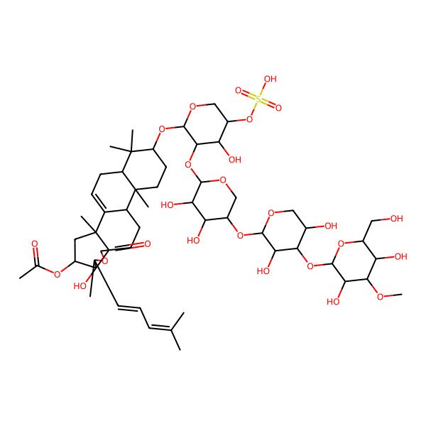 2D Structure of [(2S,4S,5S,6S,9R,12R,13R,16S,18R)-16-[(2S,3R,4R,5R)-3-[(2S,3R,4R,5R)-5-[(2S,3R,4S,5R)-4-[(2S,3R,4S,5R,6R)-3,5-dihydroxy-6-(hydroxymethyl)-4-methoxyoxan-2-yl]oxy-3,5-dihydroxyoxan-2-yl]oxy-3,4-dihydroxyoxan-2-yl]oxy-4-hydroxy-5-sulfooxyoxan-2-yl]oxy-5-hydroxy-2,6,13,17,17-pentamethyl-6-[(1Z)-4-methylpenta-1,3-dienyl]-8-oxo-7-oxapentacyclo[10.8.0.02,9.05,9.013,18]icos-1(20)-en-4-yl] acetate
