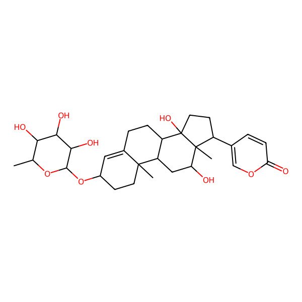 2D Structure of 5-[(3S,8R,9S,10R,12S,13S,14S,17S)-12,14-dihydroxy-10,13-dimethyl-3-[(2R,3R,4R,5R,6S)-3,4,5-trihydroxy-6-methyloxan-2-yl]oxy-1,2,3,6,7,8,9,11,12,15,16,17-dodecahydrocyclopenta[a]phenanthren-17-yl]pyran-2-one