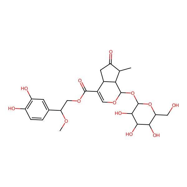 2D Structure of [2-(3,4-dihydroxyphenyl)-2-methoxyethyl] 7-methyl-6-oxo-1-[3,4,5-trihydroxy-6-(hydroxymethyl)oxan-2-yl]oxy-4a,5,7,7a-tetrahydro-1H-cyclopenta[c]pyran-4-carboxylate