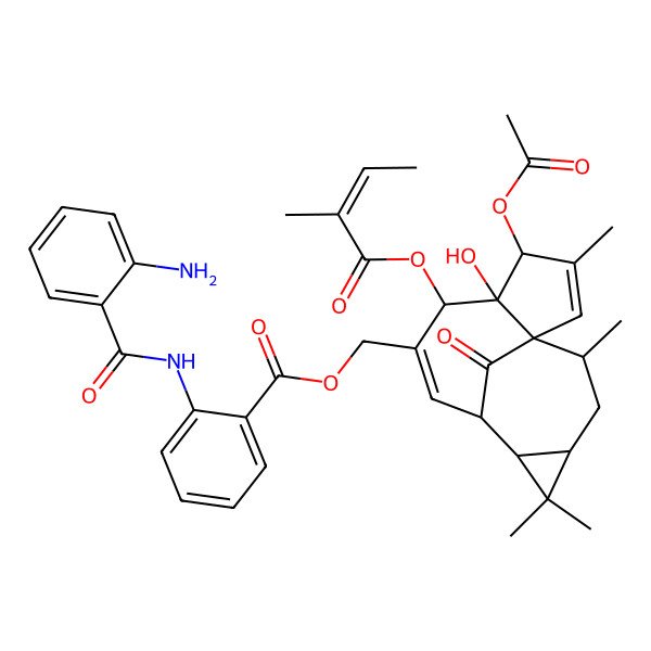 2D Structure of [(1S,4S,5R,6R,9R,10R,12R,14R)-4-acetyloxy-5-hydroxy-3,11,11,14-tetramethyl-6-[(Z)-2-methylbut-2-enoyl]oxy-15-oxo-7-tetracyclo[7.5.1.01,5.010,12]pentadeca-2,7-dienyl]methyl 2-[(2-aminobenzoyl)amino]benzoate