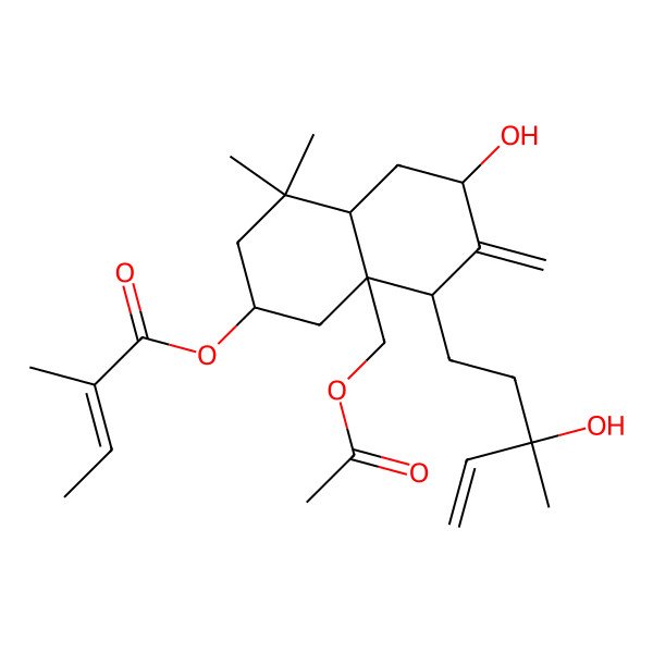 2D Structure of [8a-(acetyloxymethyl)-6-hydroxy-8-(3-hydroxy-3-methylpent-4-enyl)-4,4-dimethyl-7-methylidene-2,3,4a,5,6,8-hexahydro-1H-naphthalen-2-yl] 2-methylbut-2-enoate