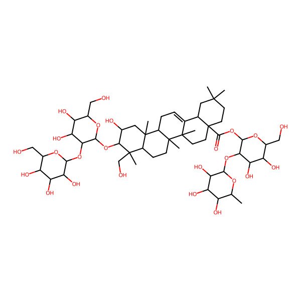 2D Structure of [(2R,3R,4S,5R,6R)-4,5-dihydroxy-6-(hydroxymethyl)-3-[(2S,3R,4R,5R,6R)-3,4,5-trihydroxy-6-methyloxan-2-yl]oxyoxan-2-yl] (4aR,6aR,6aS,6bS,8aR,9R,10R,11R,12aS,14bS)-10-[(2R,3R,4R,5R,6R)-4,5-dihydroxy-6-(hydroxymethyl)-3-[(2S,3R,4S,5R,6R)-3,4,5-trihydroxy-6-(hydroxymethyl)oxan-2-yl]oxyoxan-2-yl]oxy-11-hydroxy-9-(hydroxymethyl)-2,2,6a,6b,9,12a-hexamethyl-1,3,4,5,6,6a,7,8,8a,10,11,12,13,14b-tetradecahydropicene-4a-carboxylate