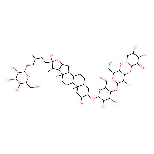 2D Structure of (2R,3R,4S,5S,6R)-2-[(2R)-4-[(1R,2S,4S,6S,7S,8R,9S,12S,13S,15R,16R,18S)-16-[(2R,3R,4R,5R,6R)-5-[(2S,3R,4S,5R,6R)-3,5-dihydroxy-6-(hydroxymethyl)-4-[(2S,3R,4S,5R)-3,4,5-trihydroxyoxan-2-yl]oxyoxan-2-yl]oxy-3,4-dihydroxy-6-(hydroxymethyl)oxan-2-yl]oxy-6,15-dihydroxy-7,9,13-trimethyl-5-oxapentacyclo[10.8.0.02,9.04,8.013,18]icosan-6-yl]-2-methylbutoxy]-6-(hydroxymethyl)oxane-3,4,5-triol
