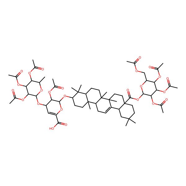 2D Structure of (2S,3S,4R)-2-[[(3S,4aR,6aR,6bS,8aS,12aS,14aR,14bR)-4,4,6a,6b,11,11,14b-heptamethyl-8a-[(2S,3R,4S,5R,6R)-3,4,5-triacetyloxy-6-(acetyloxymethyl)oxan-2-yl]oxycarbonyl-1,2,3,4a,5,6,7,8,9,10,12,12a,14,14a-tetradecahydropicen-3-yl]oxy]-3-acetyloxy-4-[(2S,3R,4R,5S,6S)-3,4,5-triacetyloxy-6-methyloxan-2-yl]oxy-3,4-dihydro-2H-pyran-6-carboxylic acid