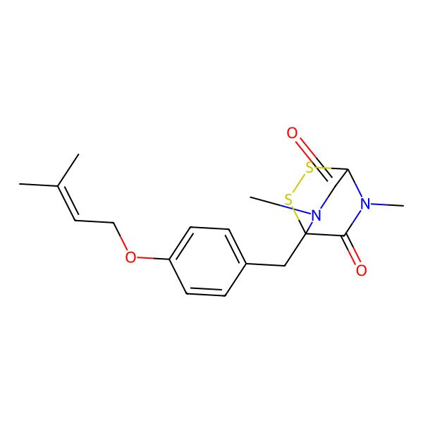 2D Structure of (1R,4R)-5,7-dimethyl-1-[[4-(3-methylbut-2-enoxy)phenyl]methyl]-2,3-dithia-5,7-diazabicyclo[2.2.2]octane-6,8-dione