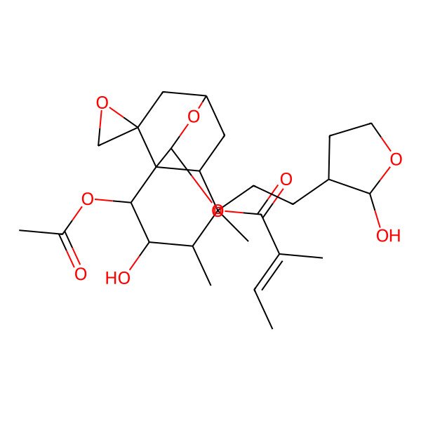 2D Structure of [(1R,2R,3R,4S,5R,6R,8R,10R,11R)-2-acetyloxy-3-hydroxy-5-[2-[(3S)-2-hydroxyoxolan-3-yl]ethyl]-4,5-dimethylspiro[9-oxatricyclo[6.2.2.01,6]dodecane-11,2'-oxirane]-10-yl] (E)-2-methylbut-2-enoate