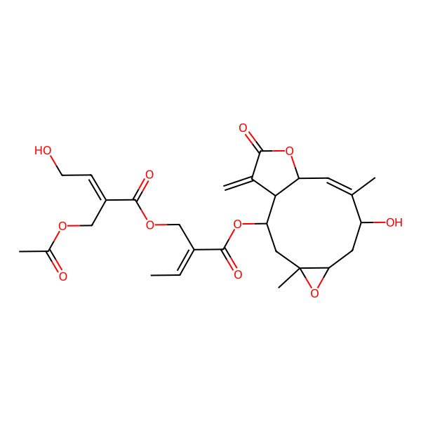 2D Structure of 2-[(8-Hydroxy-4,9-dimethyl-14-methylidene-13-oxo-5,12-dioxatricyclo[9.3.0.04,6]tetradec-9-en-2-yl)oxycarbonyl]but-2-enyl 2-(acetyloxymethyl)-4-hydroxybut-2-enoate