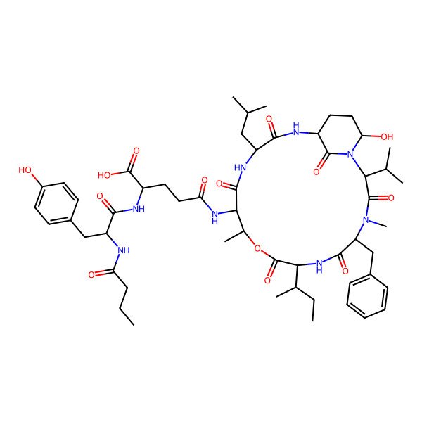 2D Structure of 5-[[5-Benzyl-8-butan-2-yl-21-hydroxy-4,11-dimethyl-15-(2-methylpropyl)-3,6,9,13,16,22-hexaoxo-2-propan-2-yl-10-oxa-1,4,7,14,17-pentazabicyclo[16.3.1]docosan-12-yl]amino]-2-[[2-(butanoylamino)-3-(4-hydroxyphenyl)propanoyl]amino]-5-oxopentanoic acid