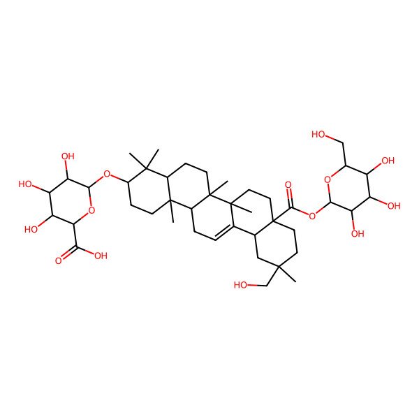 2D Structure of (2S,4S,5R,6R)-6-[[(3S,4aR,6aR,6bS,8aR,11R,12aS,14aR,14bR)-11-(hydroxymethyl)-4,4,6a,6b,11,14b-hexamethyl-8a-[(2S,3R,4S,5S,6R)-3,4,5-trihydroxy-6-(hydroxymethyl)oxan-2-yl]oxycarbonyl-1,2,3,4a,5,6,7,8,9,10,12,12a,14,14a-tetradecahydropicen-3-yl]oxy]-3,4,5-trihydroxyoxane-2-carboxylic acid
