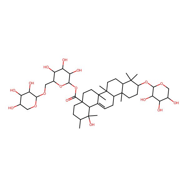 2D Structure of [(2S,3R,4S,5S,6R)-3,4,5-trihydroxy-6-[[(2S,3R,4S,5R)-3,4,5-trihydroxyoxan-2-yl]oxymethyl]oxan-2-yl] (1R,2R,4aS,6aR,6aS,6bR,8aR,10S,12aR,14bS)-1-hydroxy-1,2,6a,6b,9,9,12a-heptamethyl-10-[(2S,3R,4S,5S)-3,4,5-trihydroxyoxan-2-yl]oxy-2,3,4,5,6,6a,7,8,8a,10,11,12,13,14b-tetradecahydropicene-4a-carboxylate