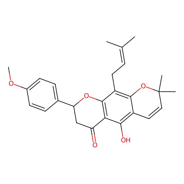 2D Structure of (8S)-5-hydroxy-8-(4-methoxyphenyl)-2,2-dimethyl-10-(3-methylbut-2-enyl)-7,8-dihydropyrano[3,2-g]chromen-6-one