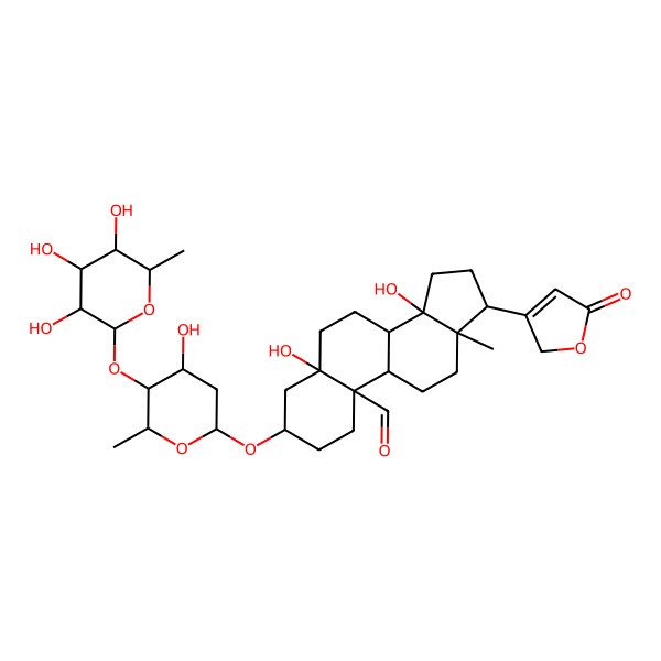 2D Structure of (3S,5S,8R,9S,10S,13R,14S,17R)-5,14-dihydroxy-3-[(2R,4S,5S,6R)-4-hydroxy-6-methyl-5-[(2S,3R,4R,5R,6S)-3,4,5-trihydroxy-6-methyloxan-2-yl]oxyoxan-2-yl]oxy-13-methyl-17-(5-oxo-2H-furan-3-yl)-2,3,4,6,7,8,9,11,12,15,16,17-dodecahydro-1H-cyclopenta[a]phenanthrene-10-carbaldehyde