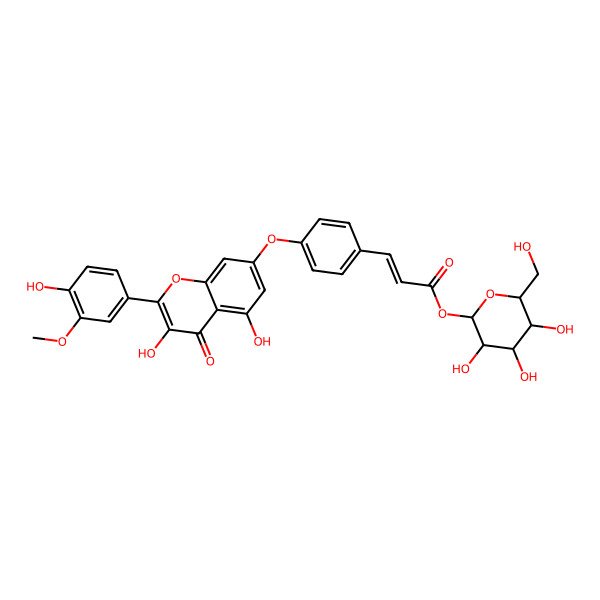2D Structure of [(3R,4S,5R,6R)-3,4,5-trihydroxy-6-(hydroxymethyl)oxan-2-yl] (E)-3-[4-[3,5-dihydroxy-2-(4-hydroxy-3-methoxyphenyl)-4-oxochromen-7-yl]oxyphenyl]prop-2-enoate