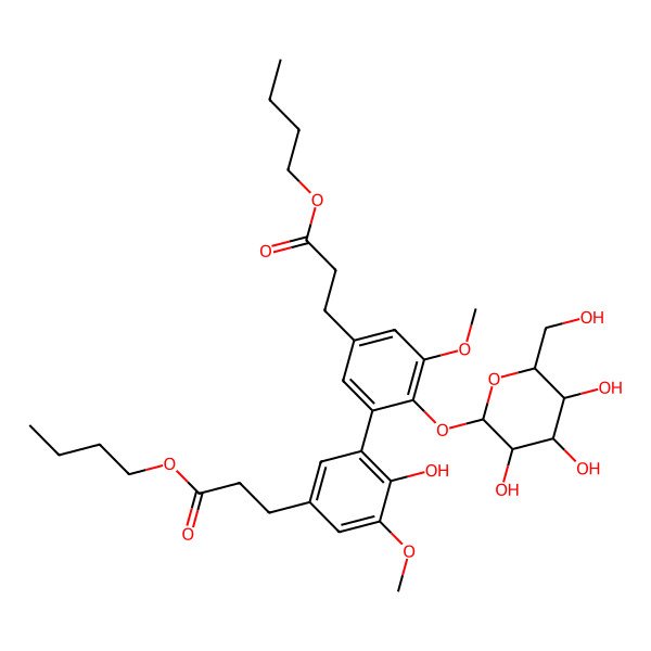2D Structure of Butyl 3-[3-[5-(3-butoxy-3-oxopropyl)-3-methoxy-2-[3,4,5-trihydroxy-6-(hydroxymethyl)oxan-2-yl]oxyphenyl]-4-hydroxy-5-methoxyphenyl]propanoate